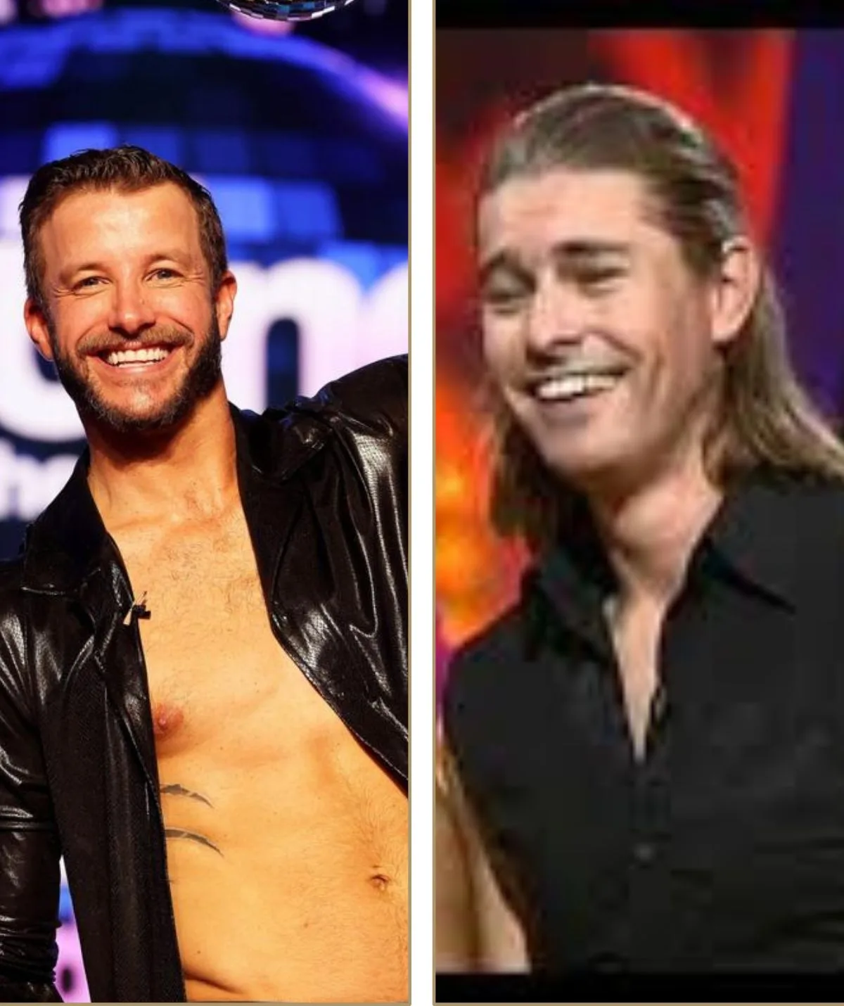 Luke Jacobz in an unbuttoned shirt and Farmer Dave smiling in black button up shirt