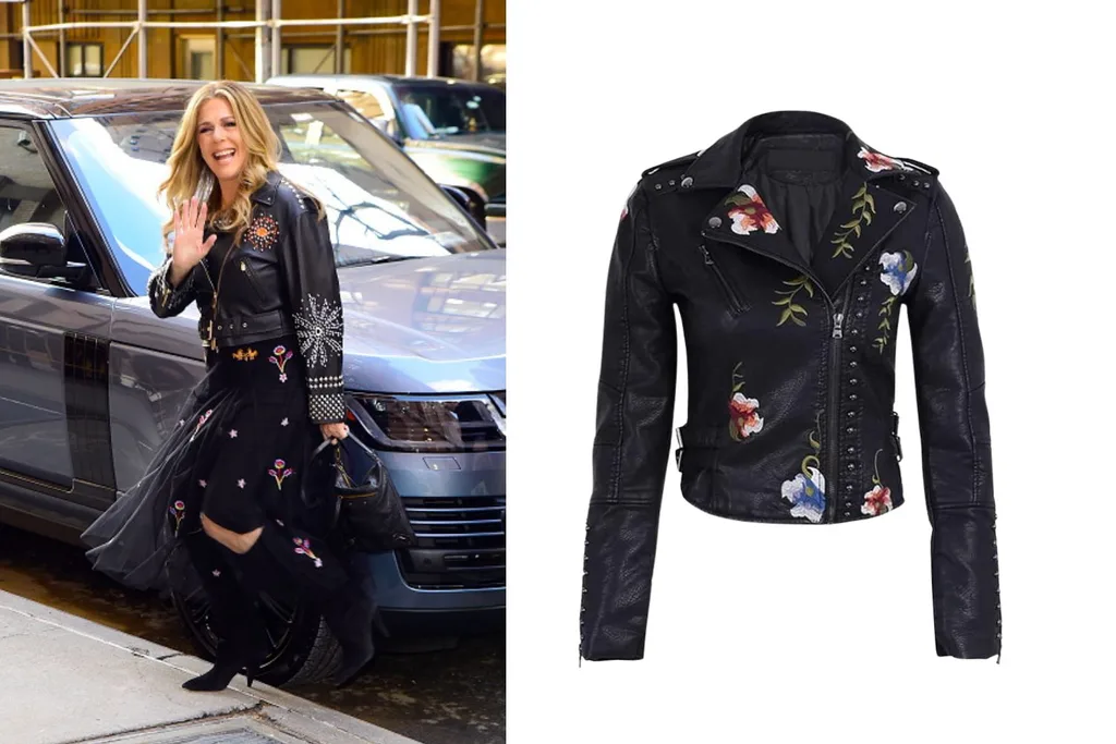 Photograph of Rita Wilson looking stunning in a striking ensemble, plus an image of jacket in order to steal her style.
