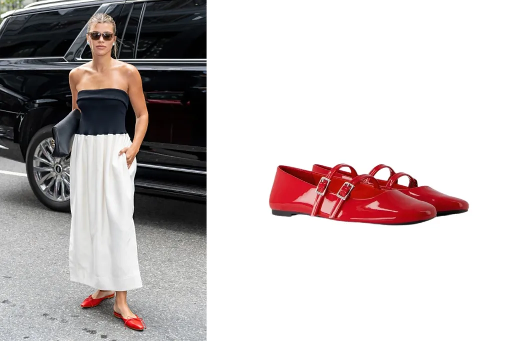 Image of woman wearing red ballet flats with monochromatic ensemble plus an image of red ballet flats in order to get the look