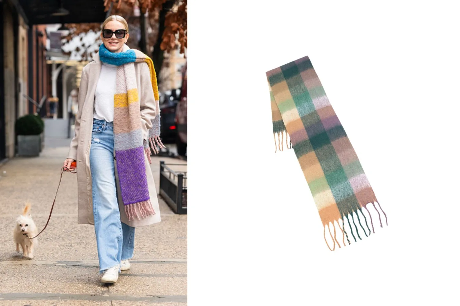 Image of Naomi Watts walking her dog and wearing a woolly scarf plus image of woolly scarf in order to get her look