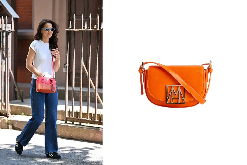 Katie Holmes wearing colourful crossbody bag, plus an image of a colourful crossbody bag in order to get the look