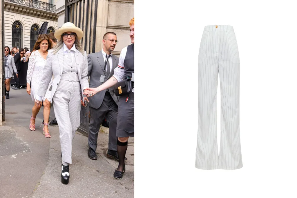 Photograph of Diane Keaton looking stunning in a striking ensemble, plus an image of pants in order to steal her style.