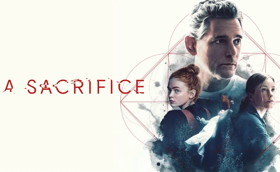 Poster of "The Seventh Day" with three characters, a geometric design, and text "A Sacrifice" in red across the image.