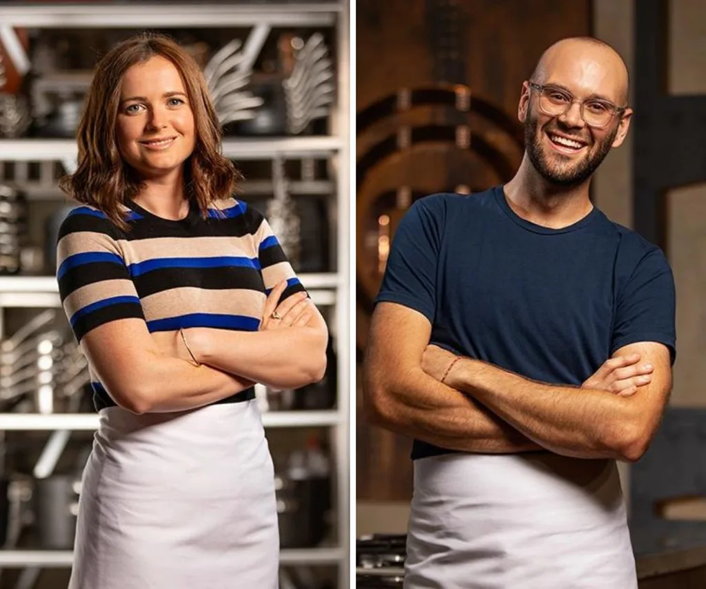 MasterChef contestants Emilia Jackson and Reece Hignell competing on Dessert Masters 2024.