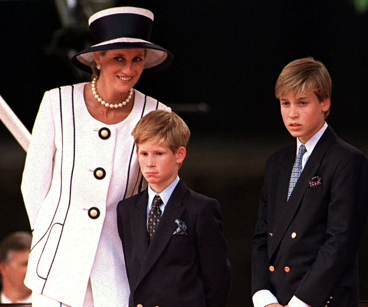 Princess Diana with a young Prince William and Prince Harry.