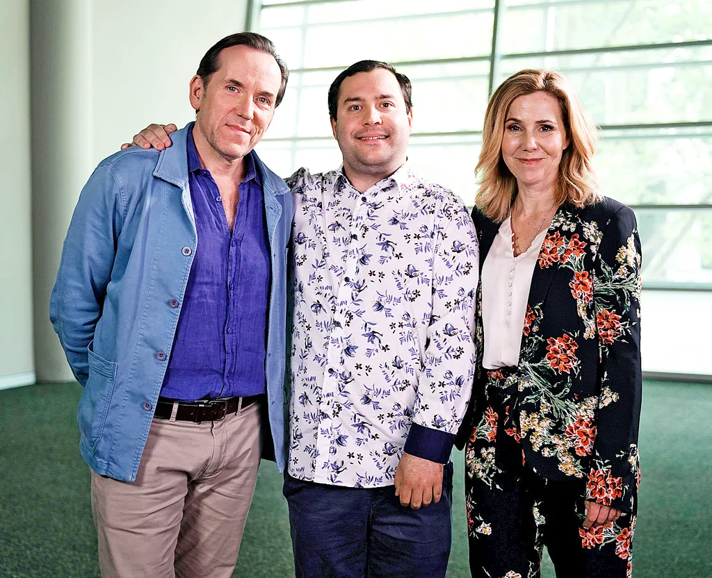 Actors Ben Miller, Michael Theo and Sally Phillips