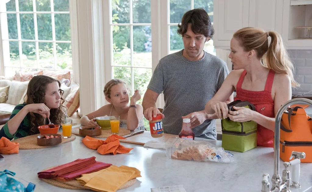 family around kitchen having breakfast