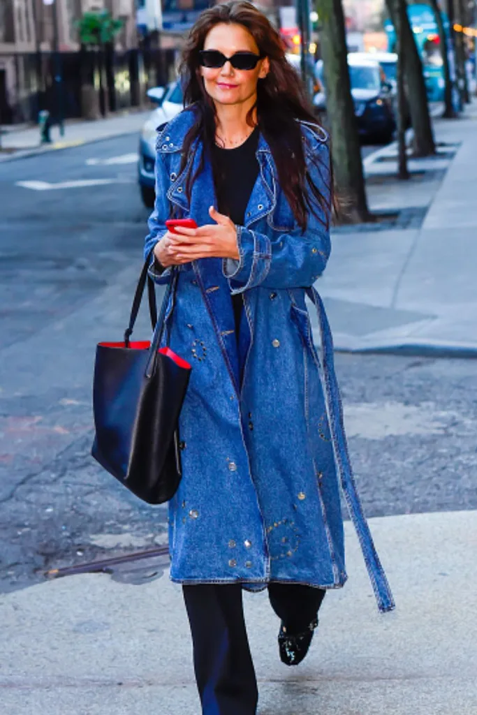 Katie Holmes wearing denim trench coat on the streets of NYC