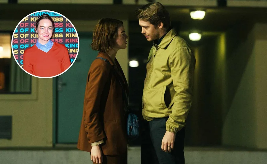 Emma Stone close to other male actor filming Kinds of Kindness