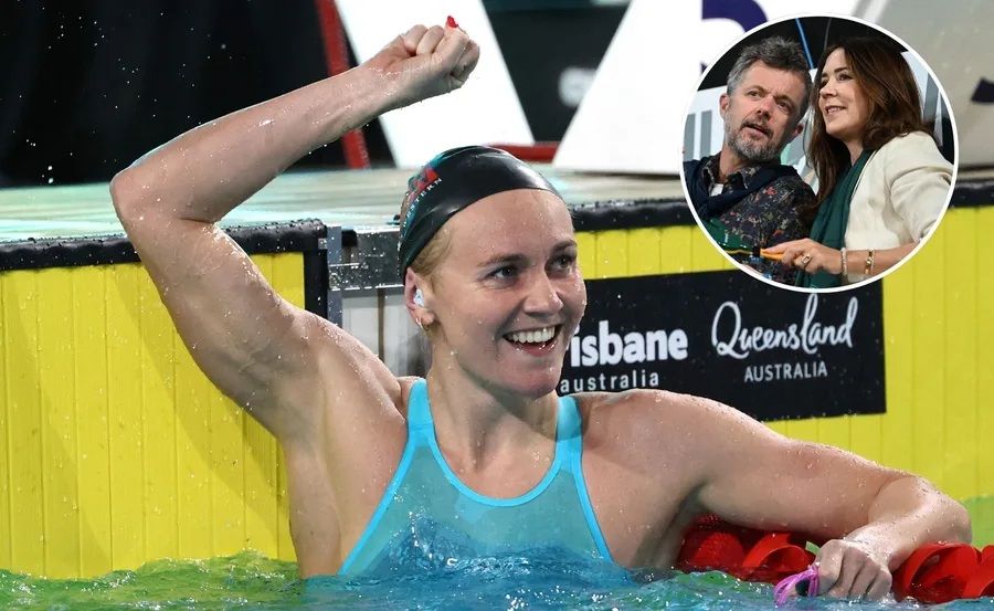 Ariarne Titmus is cheering in pool and in another smaller pic is King Frederik and Queen Mary of Denmark, Ariarne's distant cousin
