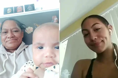 Elderly woman with baby on left, smiling young woman with headphones on right, split image.
