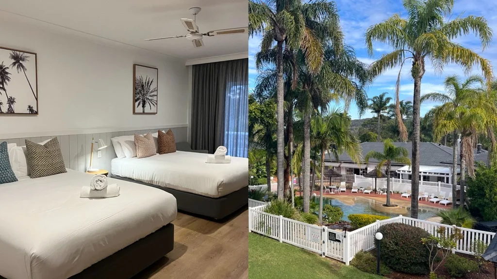 two side by side images: a modern hotel room with two double beds, and a resort garden and pool