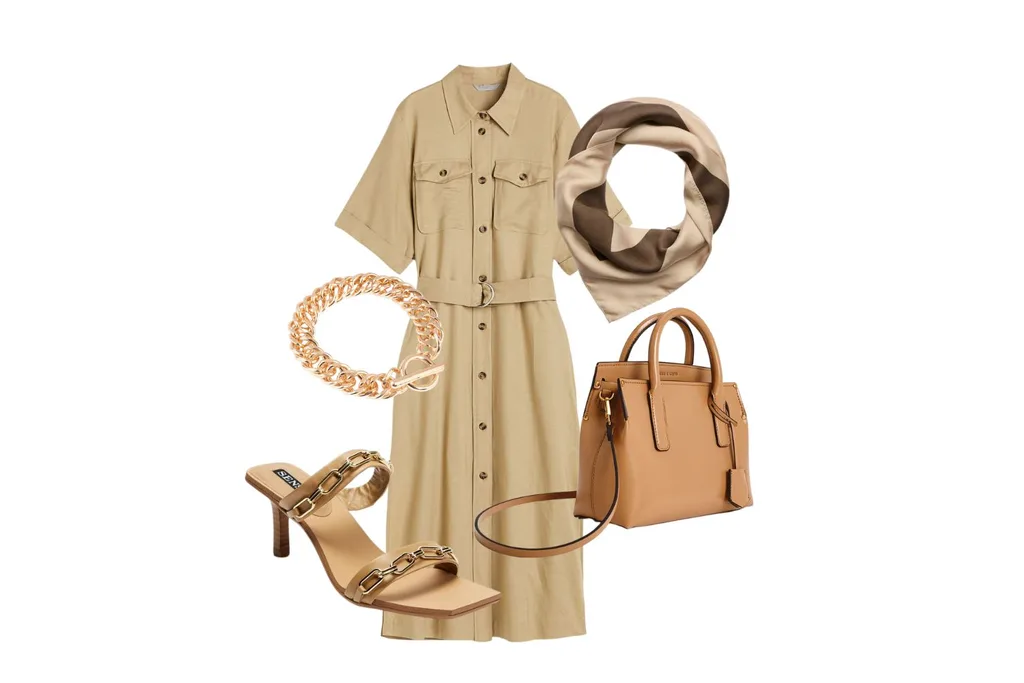 Compilation of utility style fashion. With neutral coloured shirt dress and co-ordinating pieces for a stylish finish.