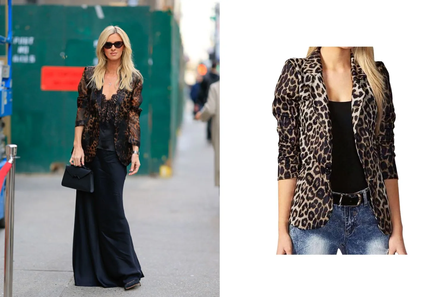 Nicky Hilton wearing leopard print blazer and get the look Amazon Australia blazer next to her