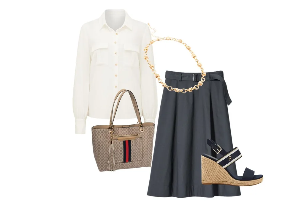 Compilation of utility style fashion. With navy skirt and white shirt and co-ordinating pieces for a stylish finish.