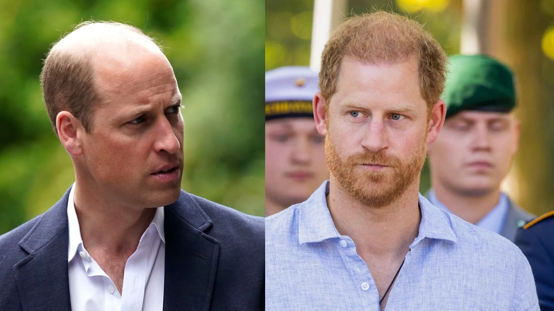 Prince William and Prince Harry looking serious.