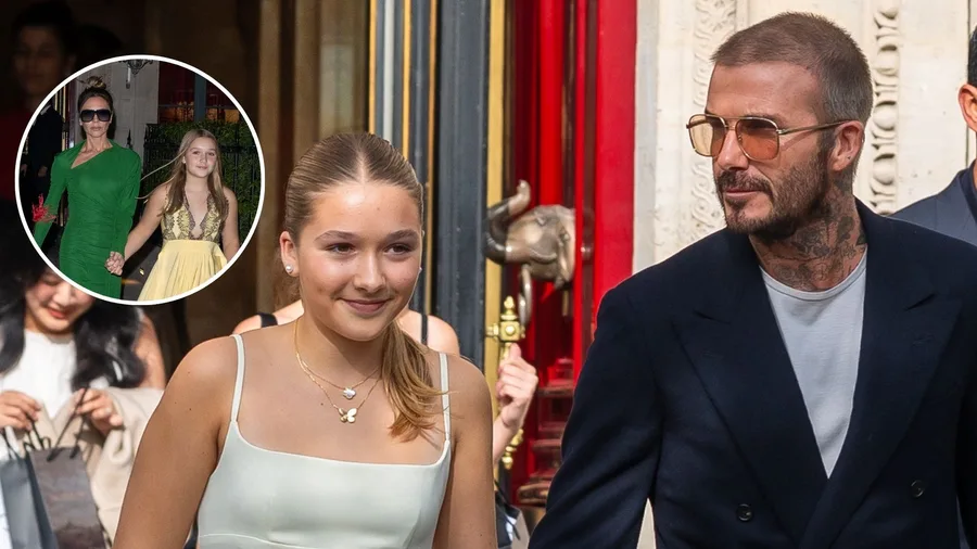 david beckham walks with daughter Harper, small pic of Harper and Victoria Beckham in corner