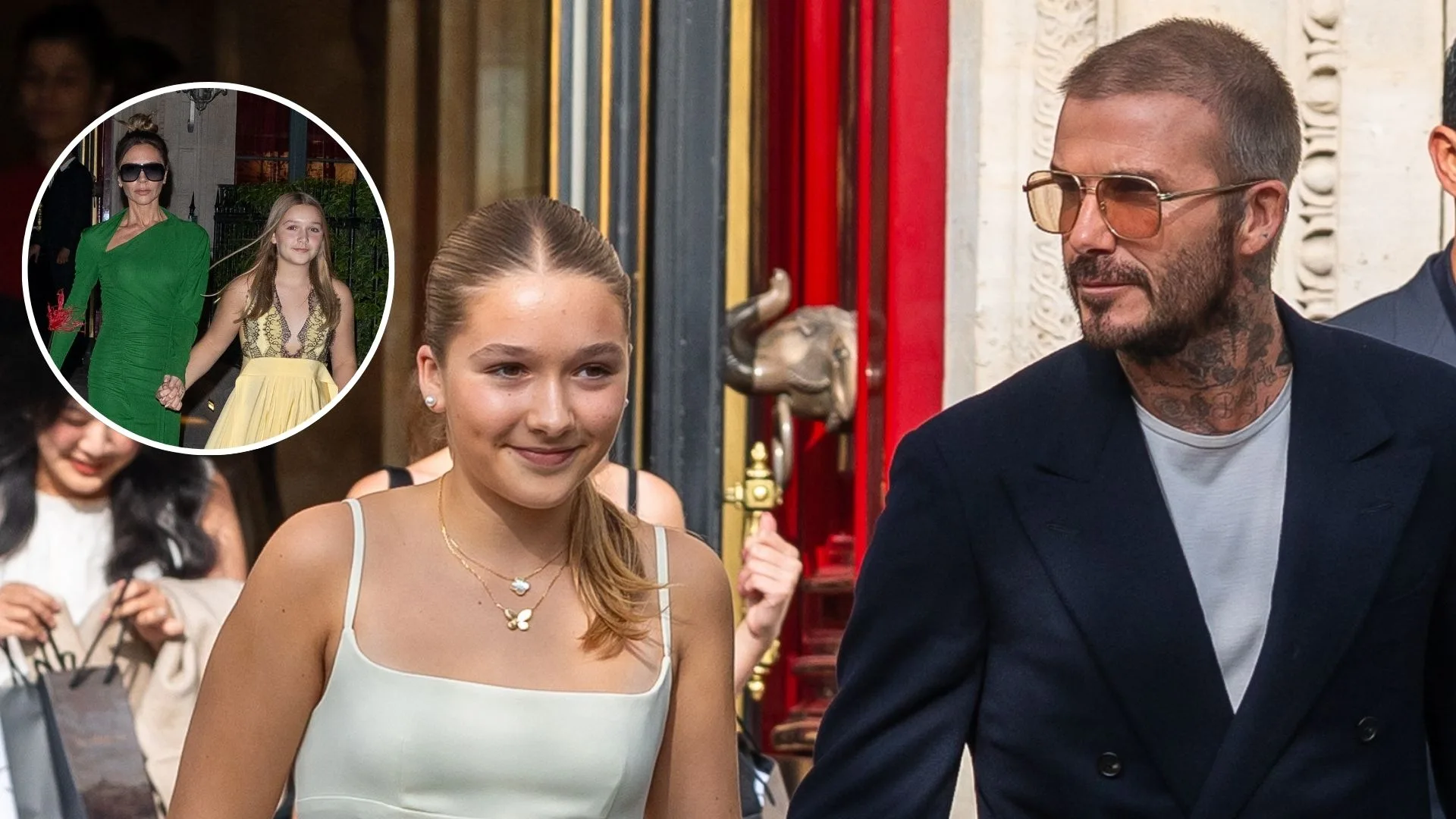 david beckham walks with daughter Harper, small pic of Harper and Victoria Beckham in corner