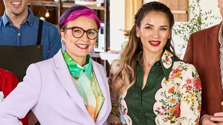 The late Cal Wilson and Rachel Khoo smile for the promo the Great Australian Bake Off