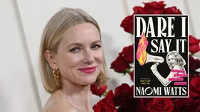 Naomi Watts smiles in red lipstick beside her new memoir book cover Dare I Say It