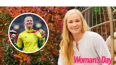 Paralympian Vanessa Low smiling to camera. An inset of her holding up a gold medal at Tokyo 2020.