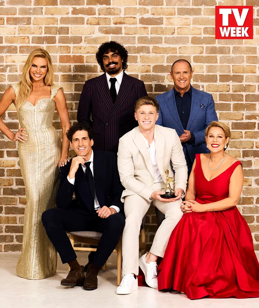 The 2024 Gold Logie nominees pose together in front of a brick wall.