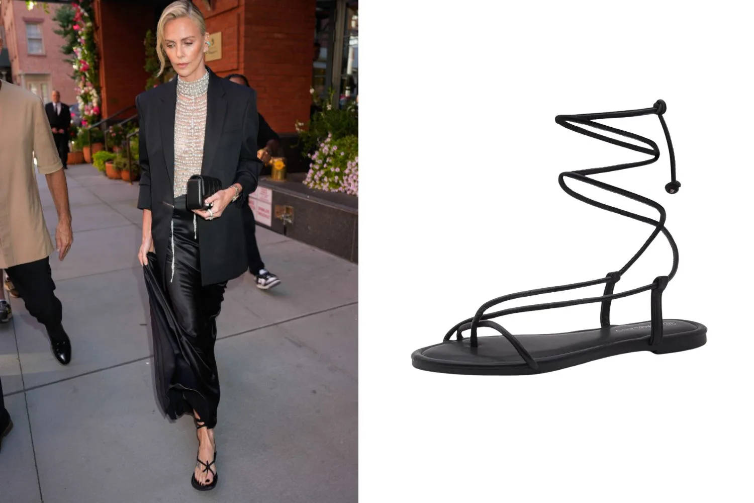 Charlize Theron styling evening attire with gladiator sandals and then suggested gladiator sandals to buy next to her image.