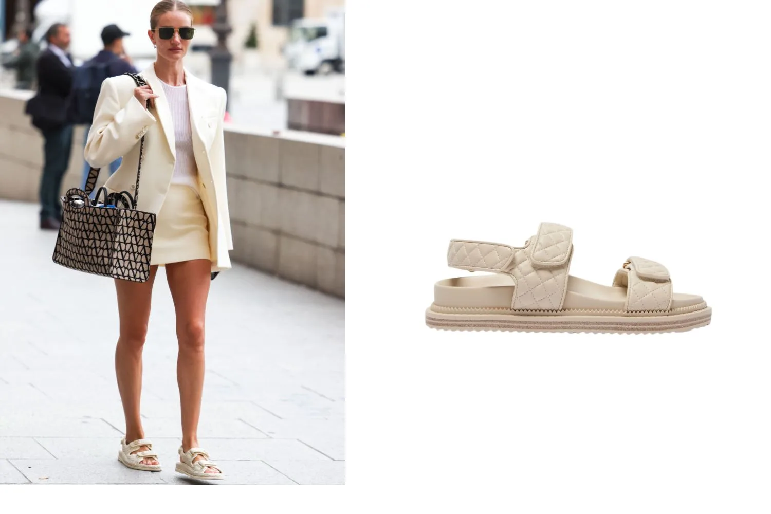 Rosie Huntington Whiteley wearing cream suit and Chanel sandals.  Suggested get the look sandals from the Iconic pictured next to her.