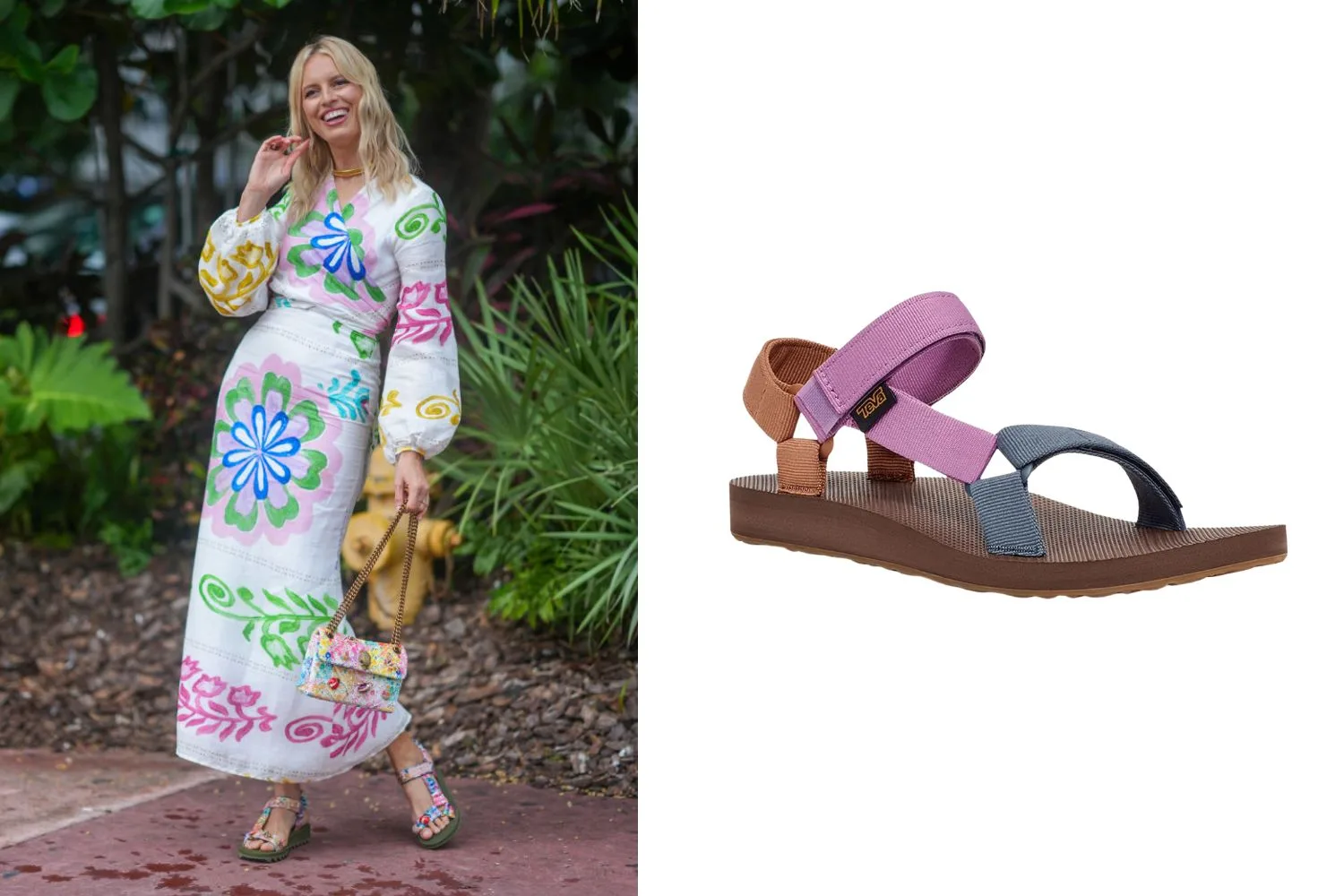 Karolina Kurvova wearing floral dress and Teva sandals.  Then Teva sandal suggestions next to her to get the look.