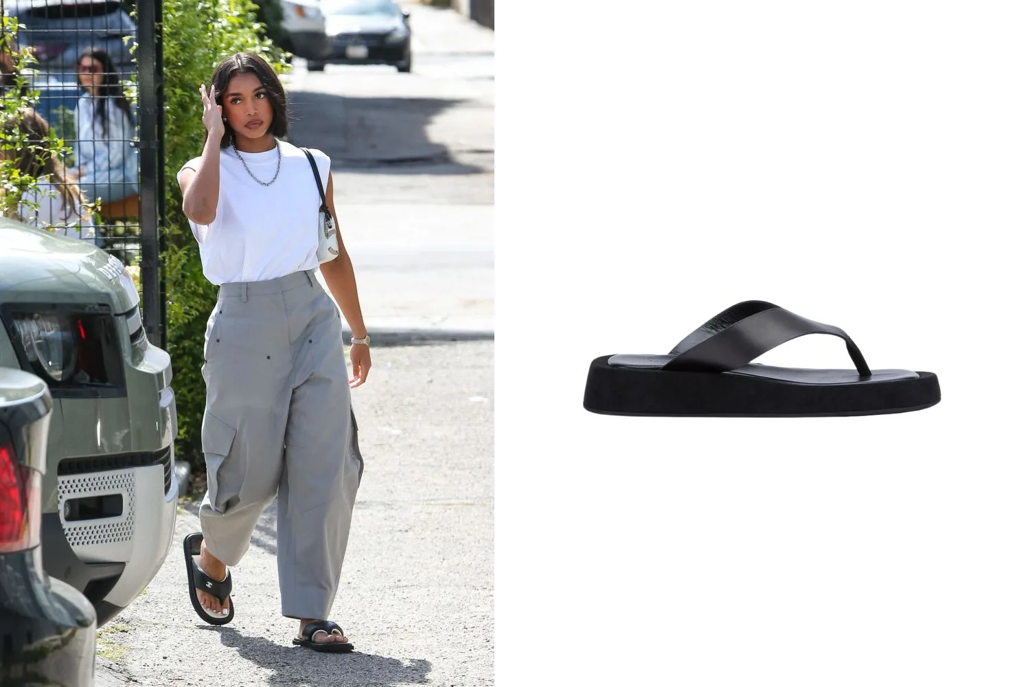 Lori Harvey wearing Chanel slides and cargo pants.  Suggested get the look sandals from Tony Bianco pictured next to her.
