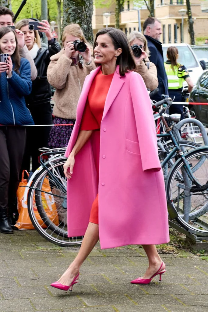 Queen Letizia of Spain wearing a gorgeous colour block outfit