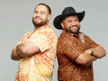 Tai Tuivasa and his brother Logan stand back to back in a promo image for The Amazing Race