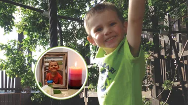 A main image of William Tyrrell smiling and a smaller inset of a lit candle next to a picture frame with an image of William.