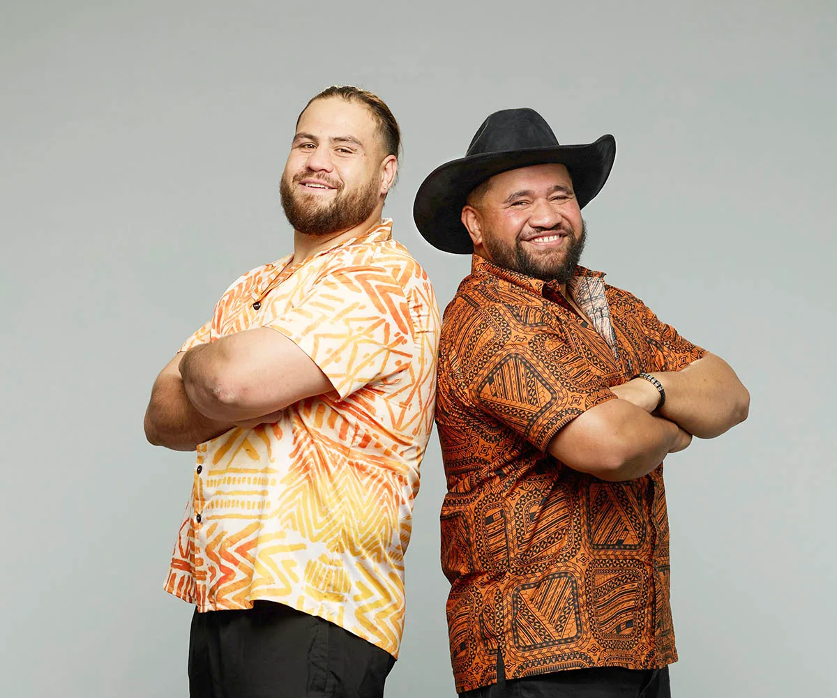 Tai Tuivasa and his brother Logan stand back to back in a promo image for The Amazing Race.