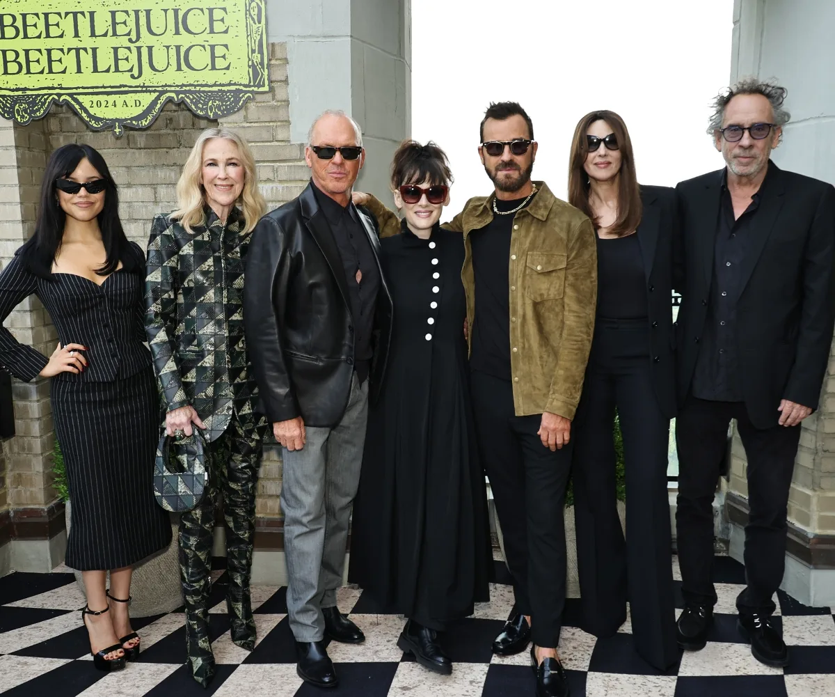 The cast of Beeltejuice Beetlejuice Jenna Ortega, Catherine O'Hara, Michael Keaton, Winona Ryder, Justin Theroux, Monica Bellucci and Tim Burton.