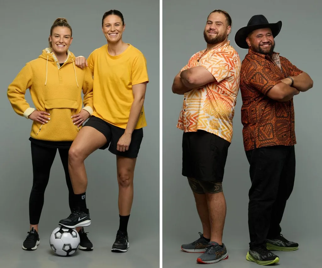 Matildas players Chloe Logarzo and Emily Gielnik and UFC fighter Tai Bam Bam Tuivasa on The Amazing Race Australia 2024.