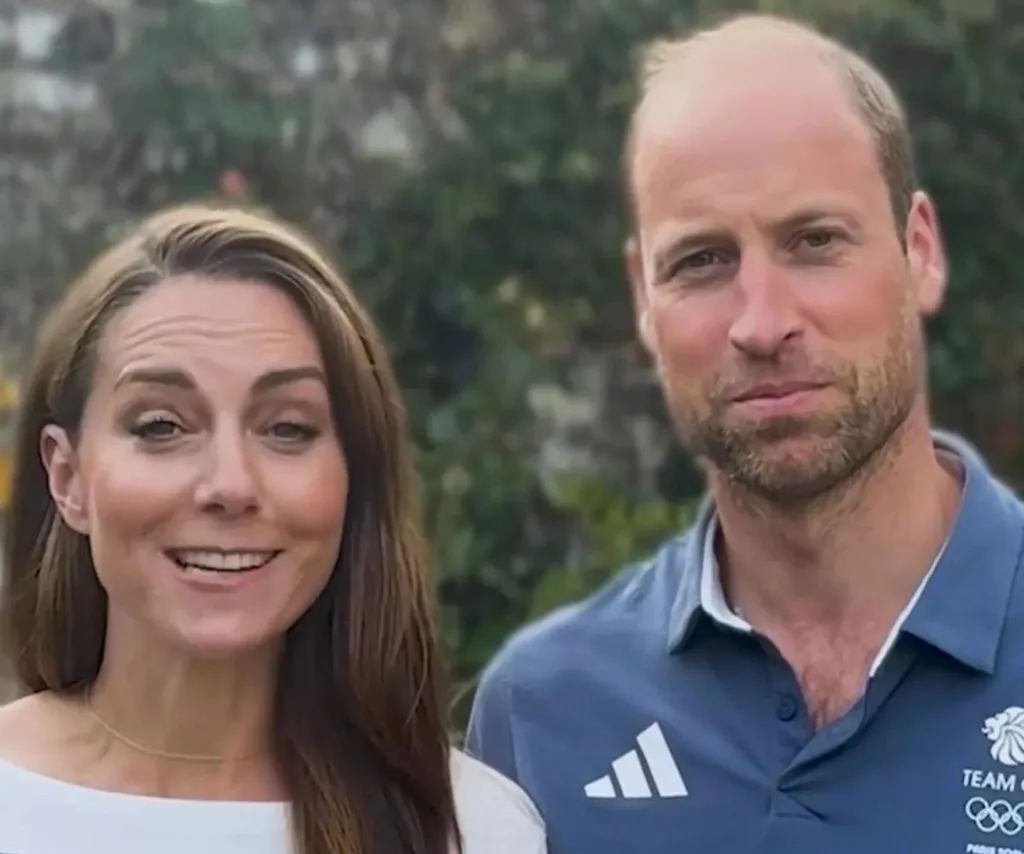 Prince William with a beard and Kate Middleton speaking in a video message in 2024.