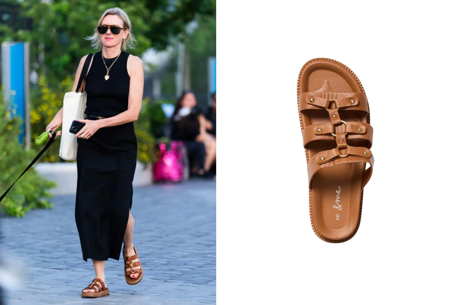 Naomi Watts wearing black dress and Celine chunkly slides. Plus dupe of of slides next to her