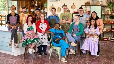 the great australian bake off contestants smiling in the tent