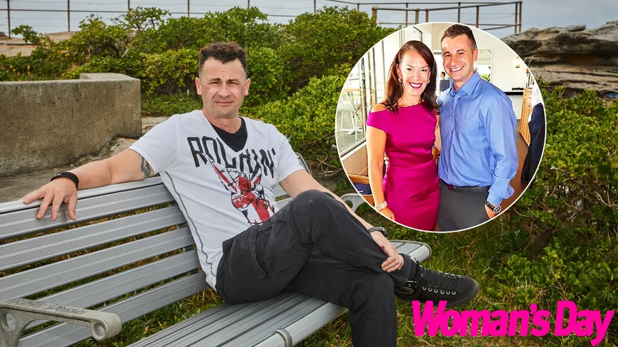 Anthony Koletti is sitting on a bench with the ocean behind him. There is a smaller inset image of Anthony next to his wife Melissa Caddick.