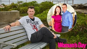 Anthony Koletti is sitting on a bench with the ocean behind him. There is a smaller inset image of Anthony next to his wife Melissa Caddick.