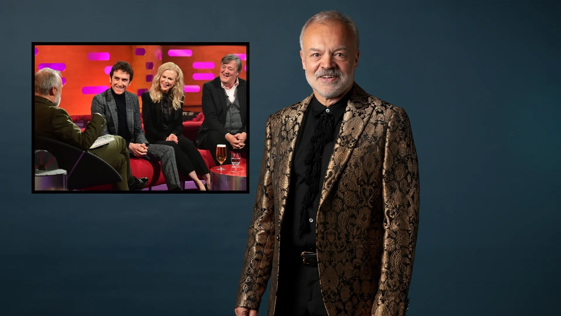 Graham Norton is wearing a gold jacket. There is an inset of Graham on his chat show with Nicole Kidman and Stephen Fry.