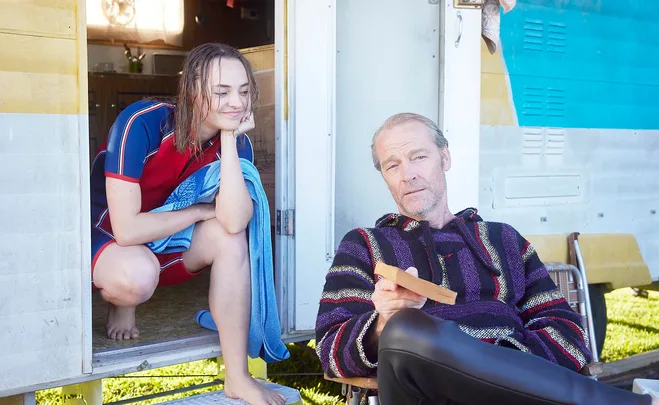 Mia (Emily Grant) and Bob (Iain Glen) in Last Days Of The Space Age.