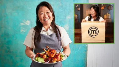 Nagi Maehashi is smiling at the camera and holding a plate of delicious chicken pieces. There is an inset image of her holding a MasterChef box.