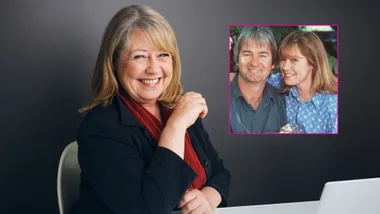 A portrait of Noni Hazelhurst smiling and an inset of Noni and her former husband John Jarratt when they were still together.