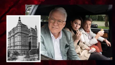 Steve Martin, Selena Gomez and Martin Shaw are sitting in a car looking out of the window. There is a smaller black and white picture of a grand looking building next to them.