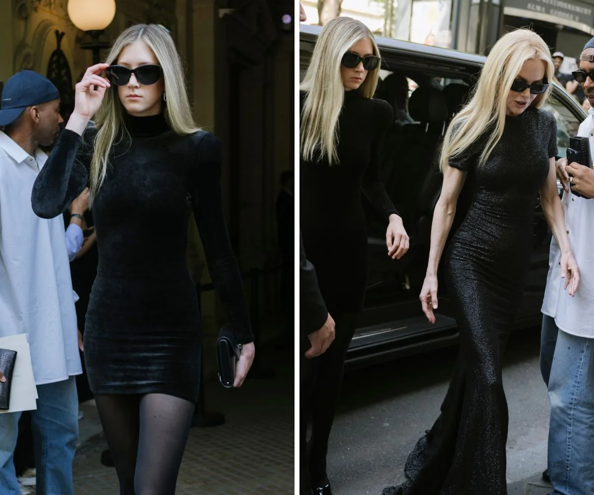 Nicole Kidman and daughter Sunday Rose attend Balenciaga fashion show together in matching black dresses and dark sunglasses.