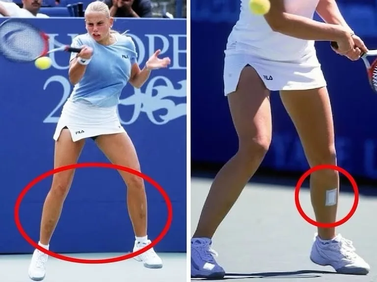 Jelena Dokic playing tennis covered in bruises