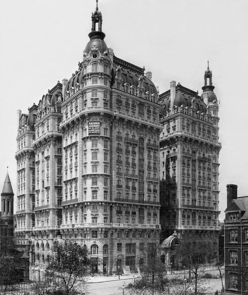 A black and white picture of the Ansonia building in Manhattan.