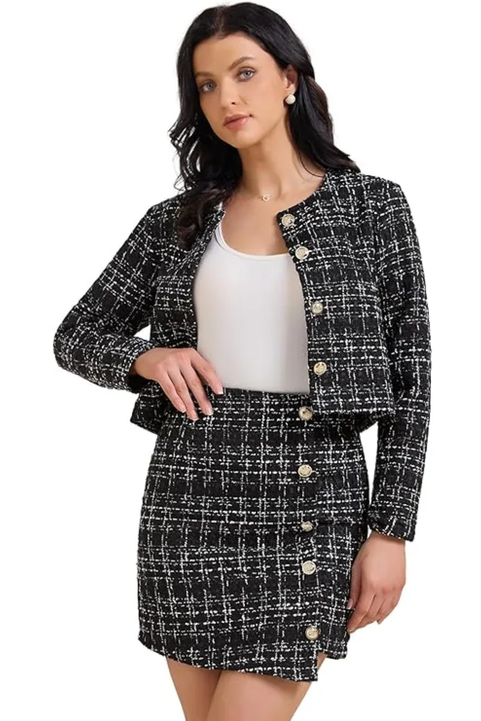 Allegra K Women's 2 Piece Skirt Set Plaid Tweed Blazer Button Down Long Sleeve Jacket Mini Skirt Sets
